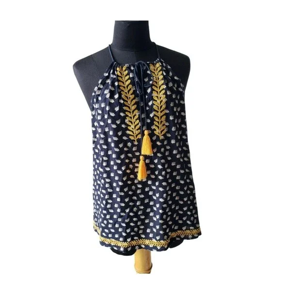 THML Navy Blue Women’s Small Silvano Embroidered Yellow Boho Tank Top Tassels - Picture 2 of 9